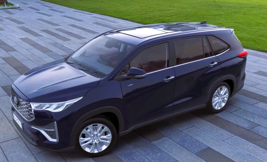 Toyota Innova HyCross cabin transformed into luxury first-class airplane lounge with recliner seats and wood trim