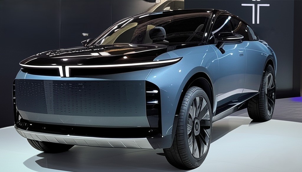 Tata car in metallic blue with signature LED DRLs and charging port visible